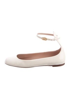 Valentino White Patent Leather Ankle-Strap Flats with Gold Buckle
